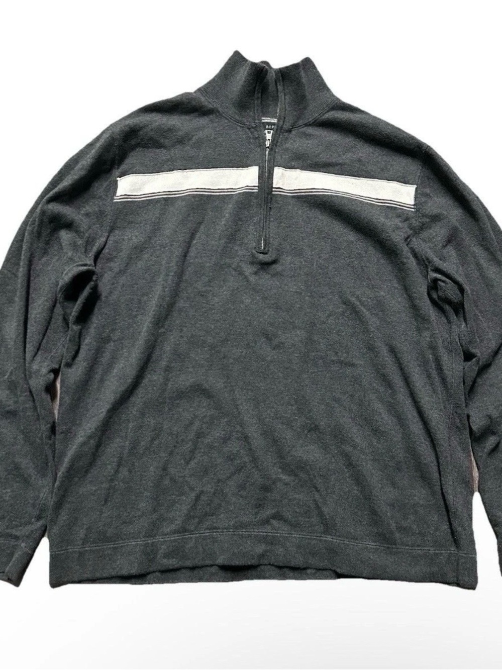 Men’s Banana Republic Grey 1/4 Zip Cotton Sweater White Stripe Size XL